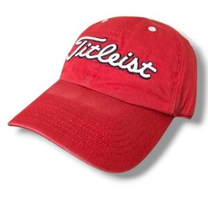 Titleist Hat Cap Mens Red Spellout Logo Performance Golf Golfing Strap Back